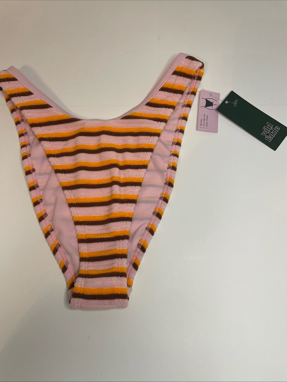 Women's Striped Terry Cloth Mid-Rise Ultra High Leg Super Cheeky Bikini Bottom